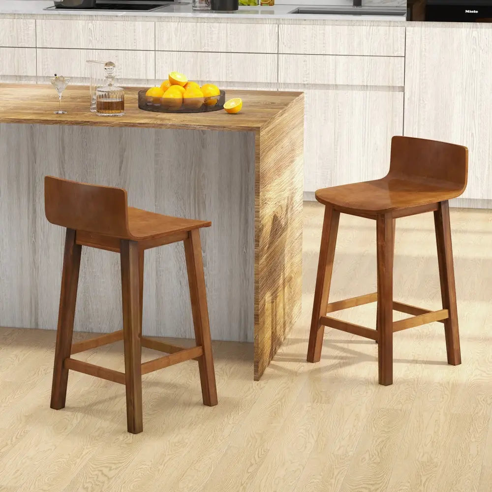 Wood Bar Stools Set of 2 with Solid Back and Seat-Brown - Brown - Bar Stools