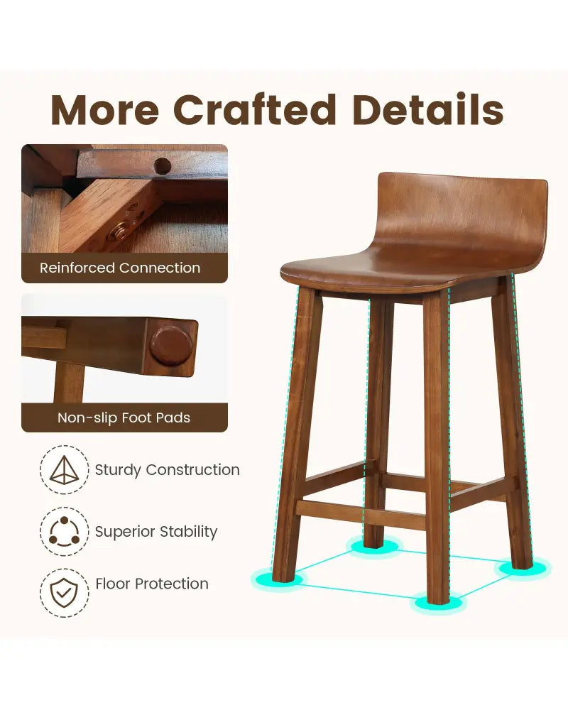 Wood Bar Stools Set of 2 with Solid Back and Seat-Brown - Brown - Bar Stools