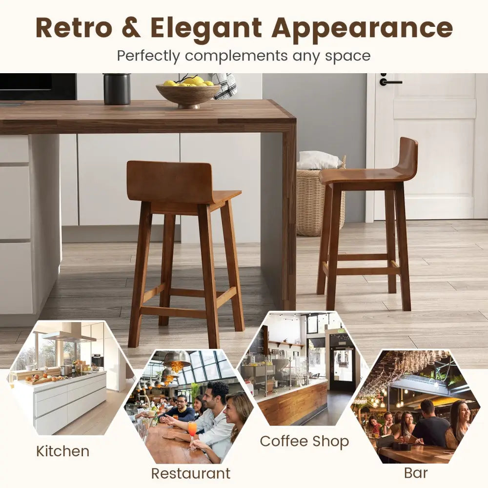Wood Bar Stools Set of 2 with Solid Back and Seat-Brown - Brown - Bar Stools