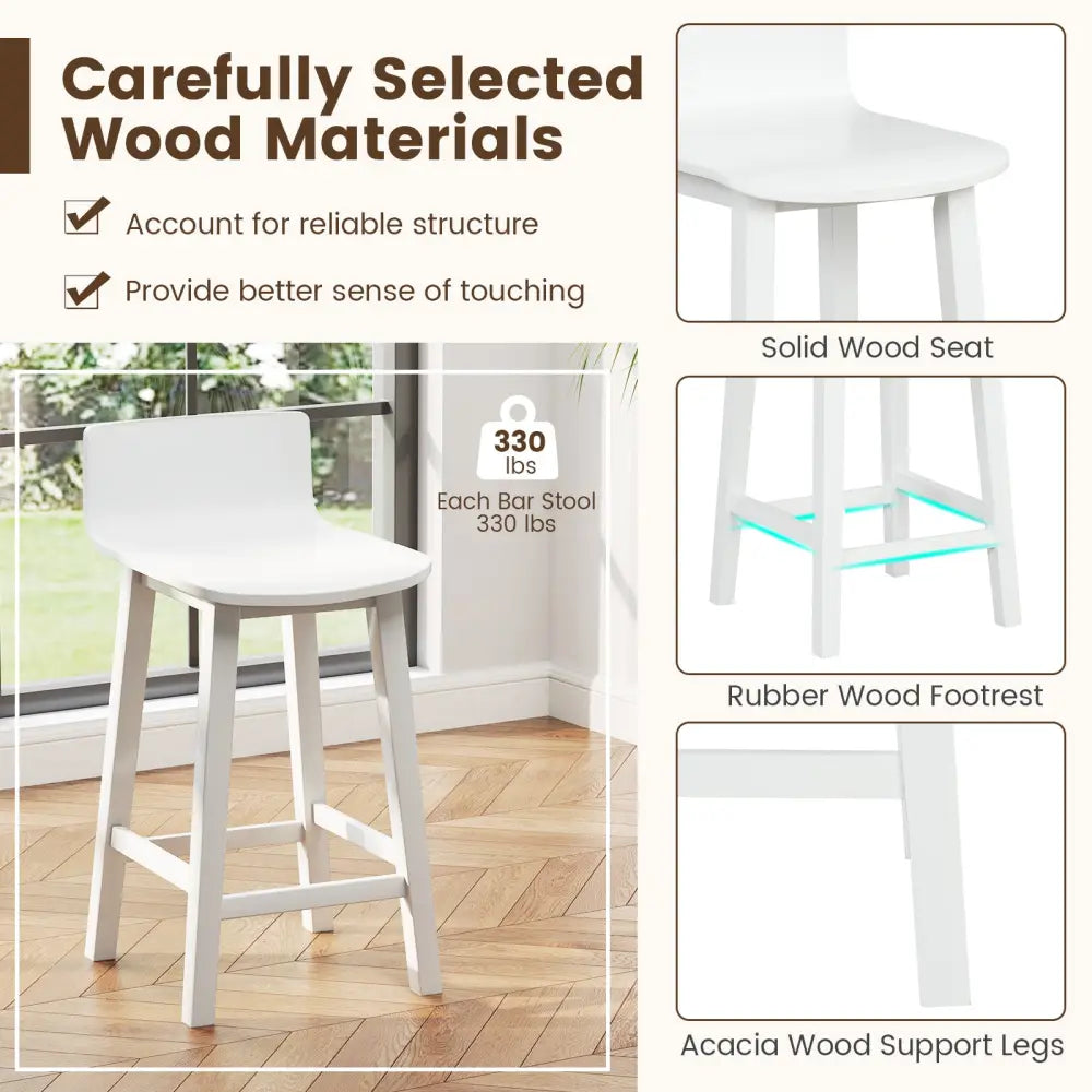 Wood Bar Stools Set of 2 with Solid Back and Seat-White - White - Bar Stools