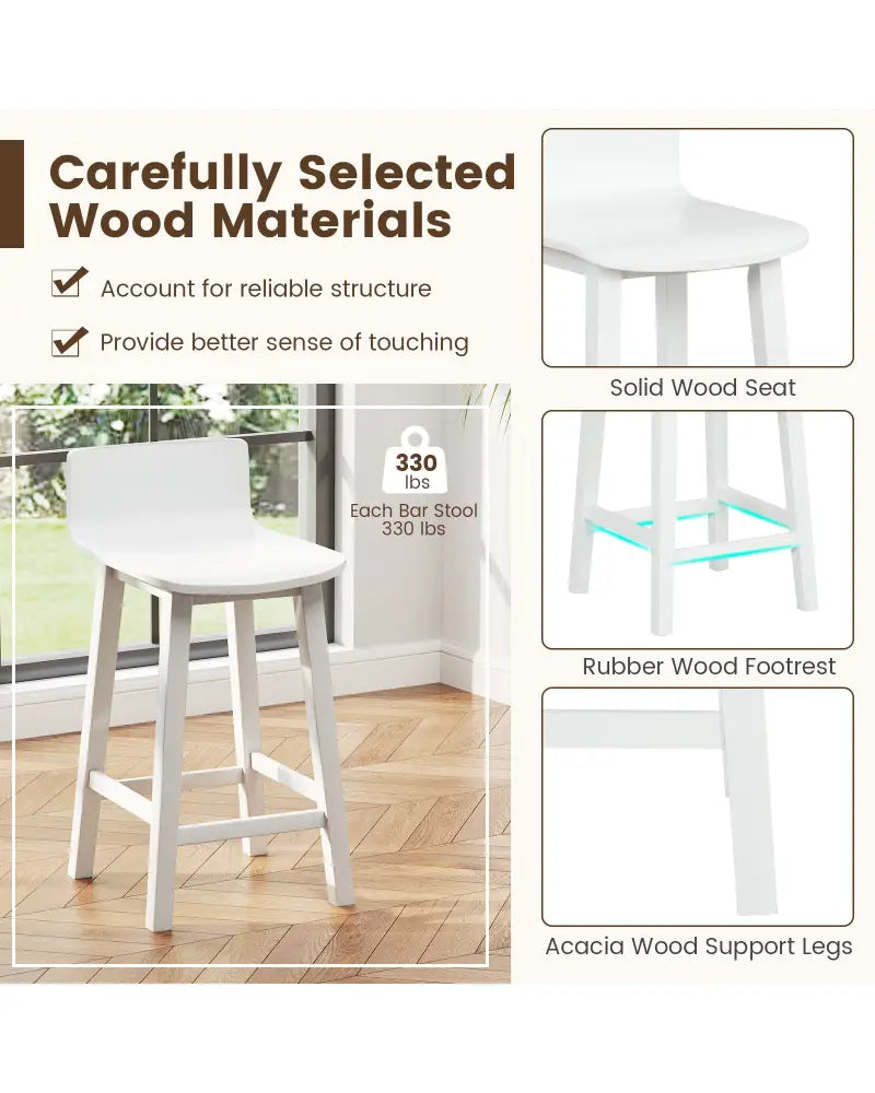 Wood Bar Stools Set of 2 with Solid Back and Seat-White - White - Bar Stools