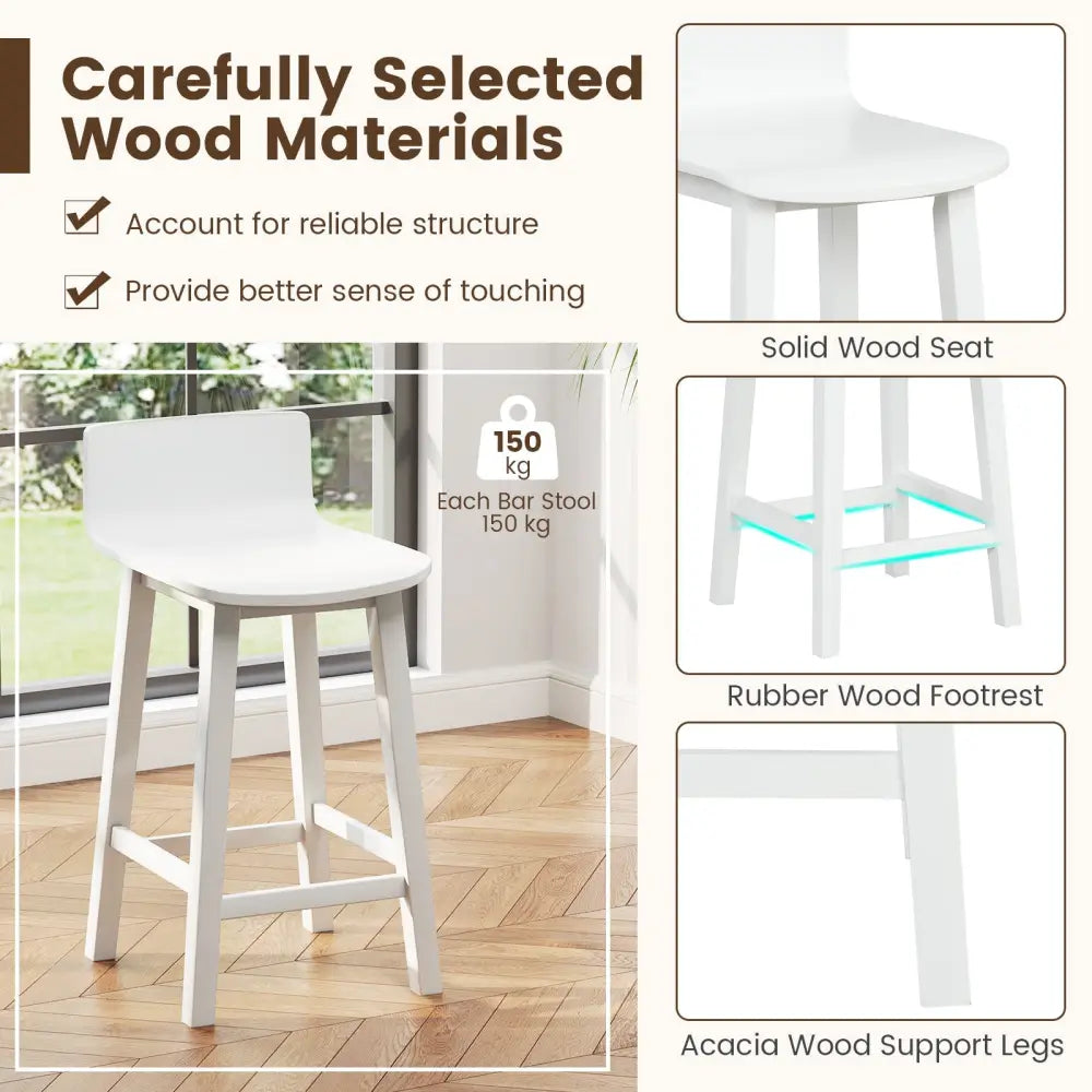 Wood Bar Stools Set of 2 with Solid Back and Seat-White - White - Bar Stools