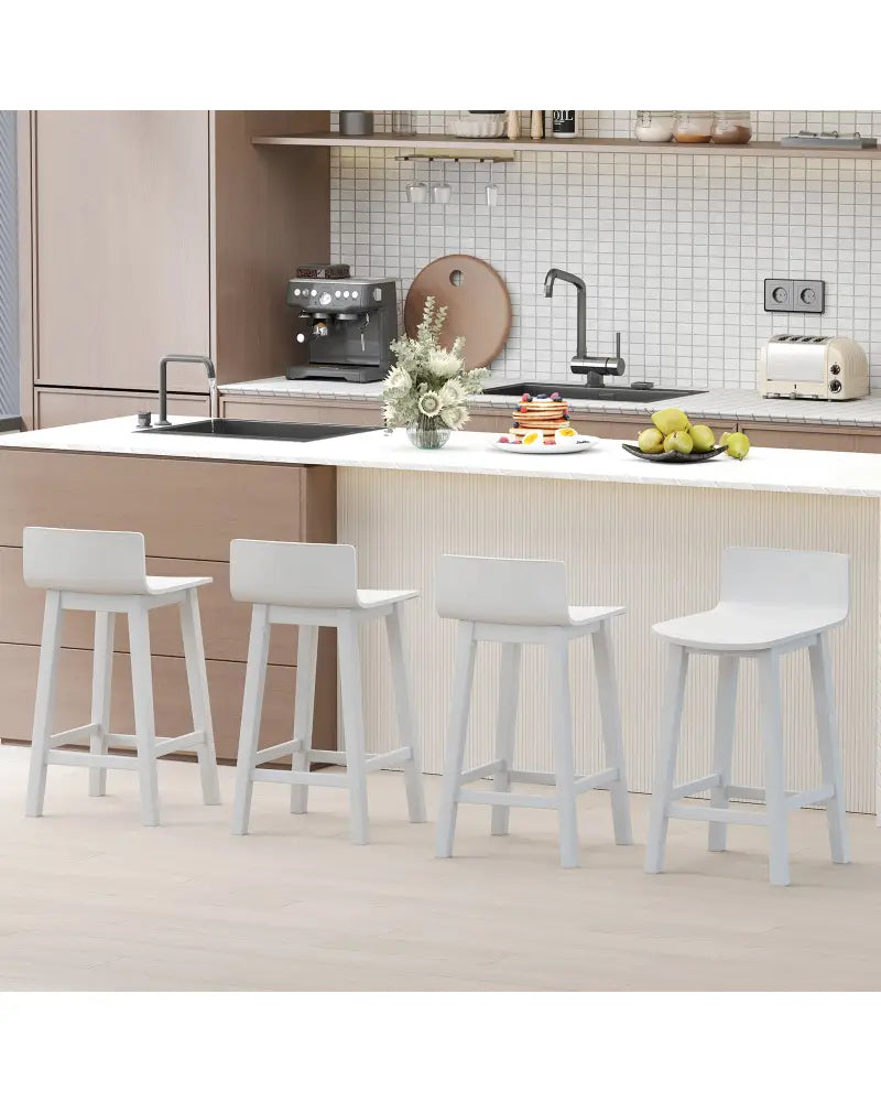 Wood Bar Stools Set of 2 with Solid Back and Seat-White - White - Bar Stools