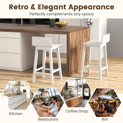 Wood Bar Stools Set of 2 with Solid Back and Seat-White - White - Bar Stools