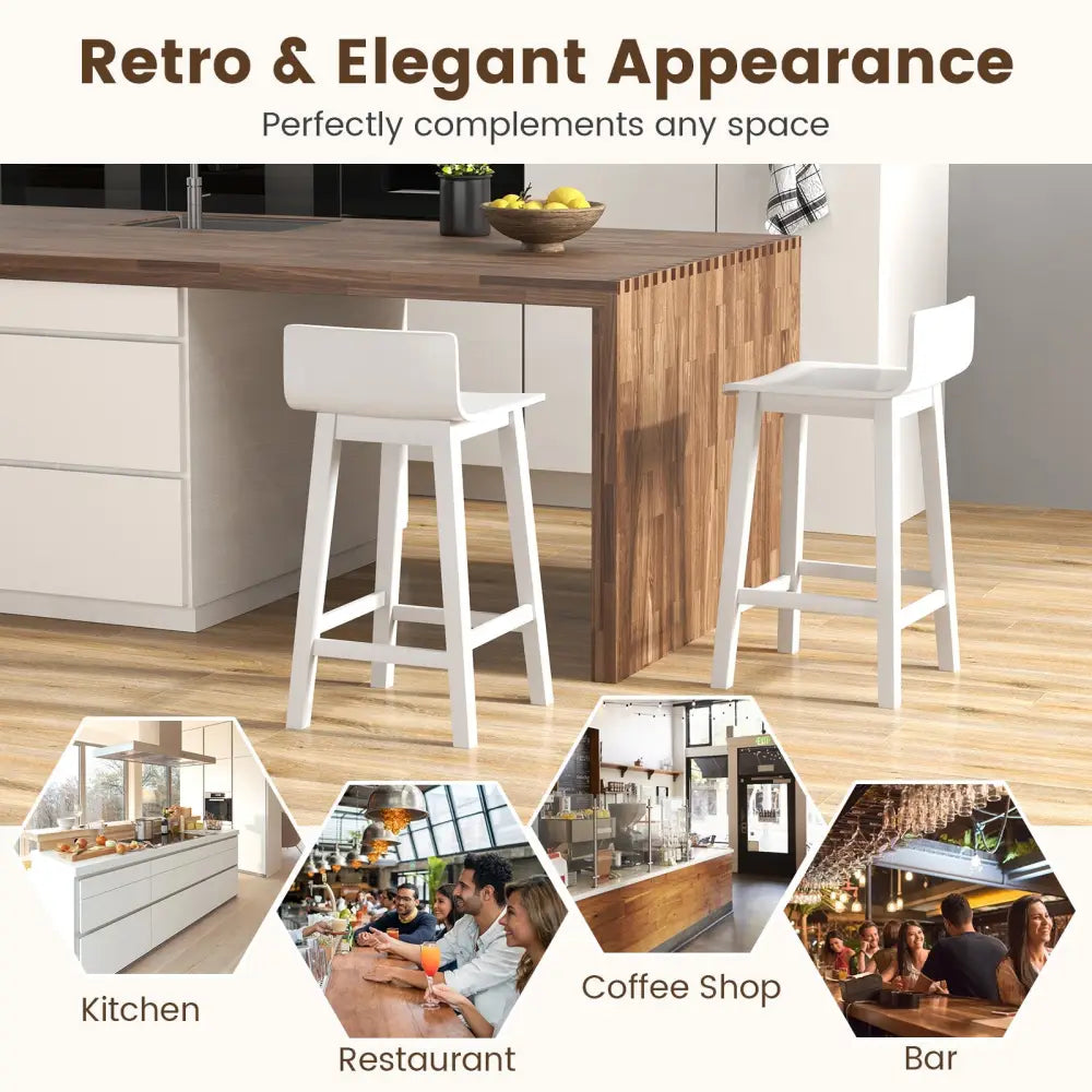 Wood Bar Stools Set of 2 with Solid Back and Seat-White - White - Bar Stools