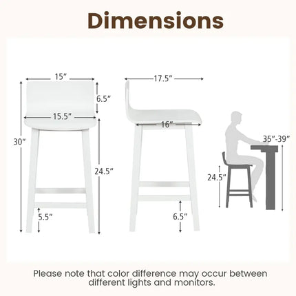 Wood Bar Stools Set of 2 with Solid Back and Seat-White - White - Bar Stools