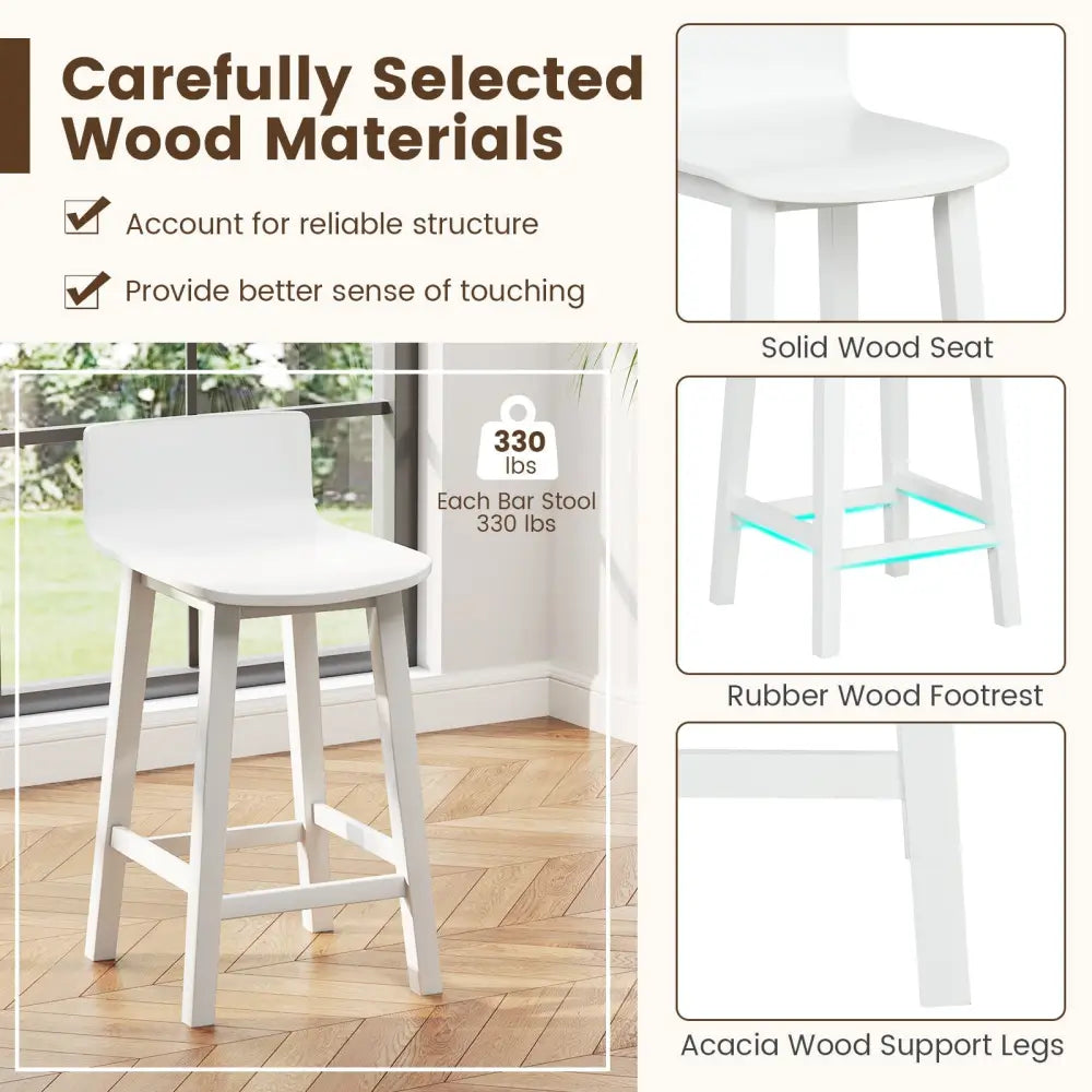 Wood Bar Stools Set of 2 with Solid Back and Seat-White - White - Bar Stools