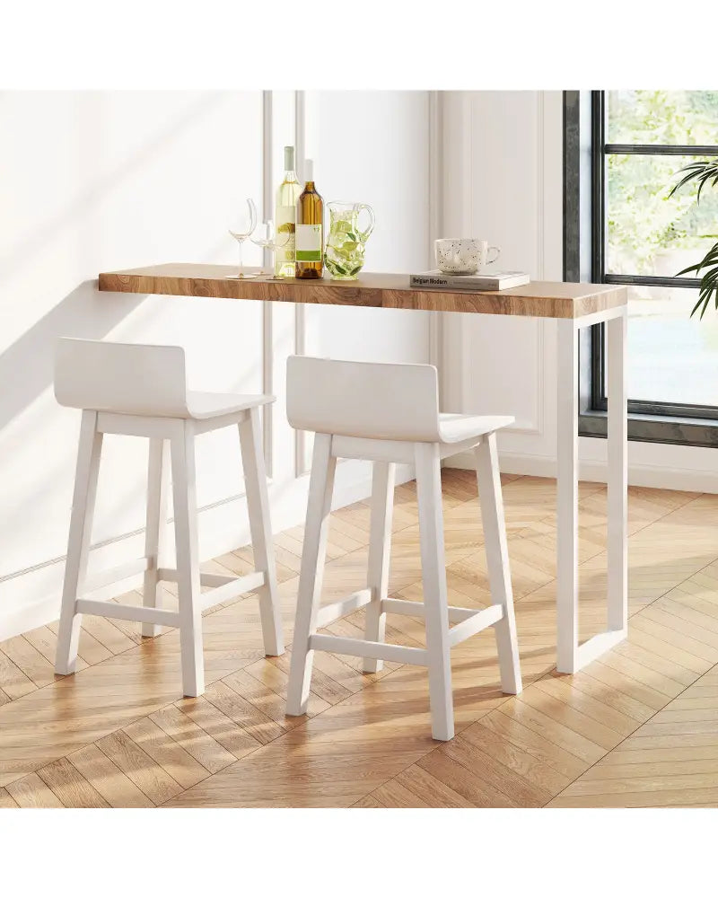 Wood Bar Stools Set of 2 with Solid Back and Seat-White - White - Bar Stools
