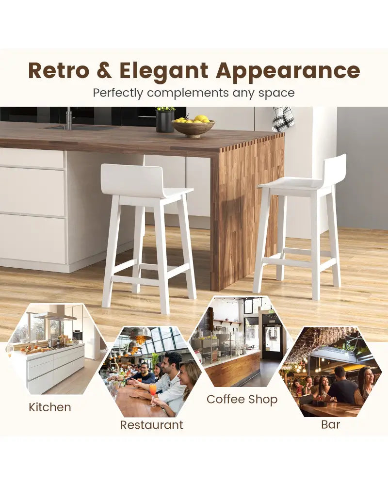 Wood Bar Stools Set of 2 with Solid Back and Seat-White - White - Bar Stools