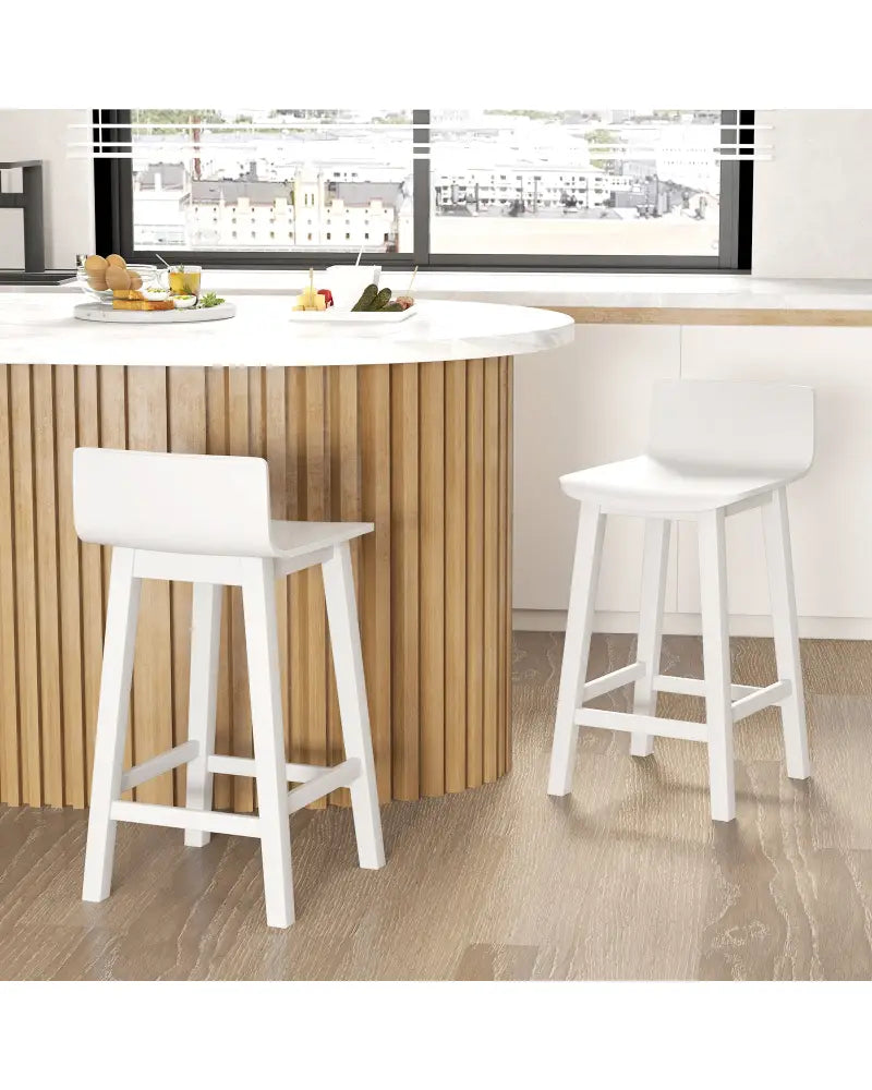 Wood Bar Stools Set of 2 with Solid Back and Seat-White - White - Bar Stools