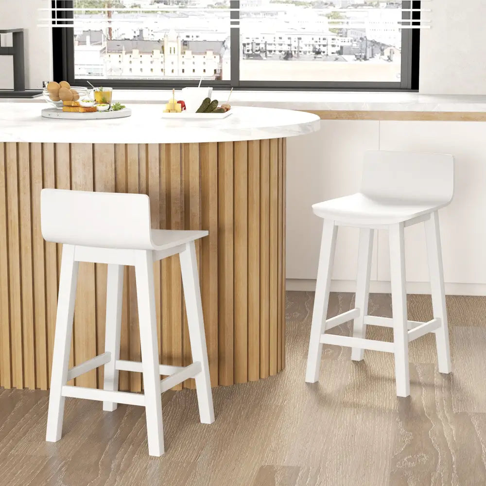 Wood Bar Stools Set of 2 with Solid Back and Seat-White - White - Bar Stools
