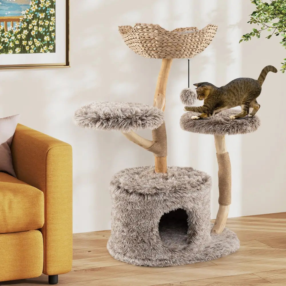 Wood Cat Tree Solid Pear Cat Tree with Perch and Sisal Scratching Posts-Brown - Brown - Cat Trees Condos & Scratchers