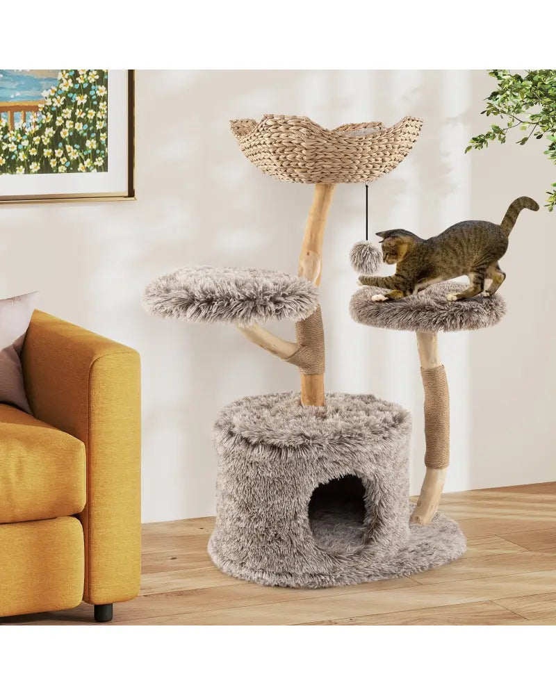 Wood Cat Tree Solid Pear Cat Tree with Perch and Sisal Scratching Posts-Brown - Brown - Cat Trees Condos & Scratchers