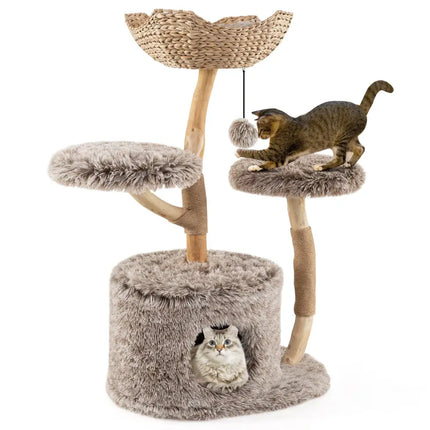 Wood Cat Tree Solid Pear Cat Tree with Perch and Sisal Scratching Posts-Brown - Brown - Cat Trees Condos & Scratchers