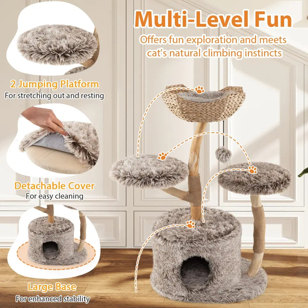 Wood Cat Tree Solid Pear Cat Tree with Perch and Sisal Scratching Posts-Brown - Brown - Cat Trees Condos & Scratchers