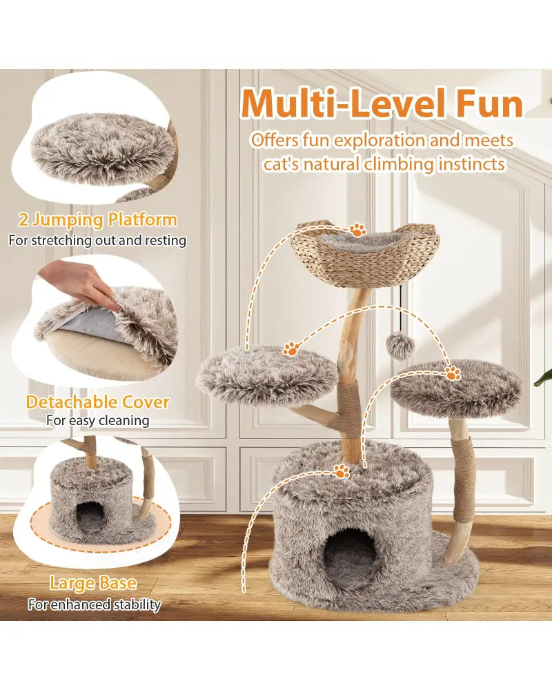 Wood Cat Tree Solid Pear Cat Tree with Perch and Sisal Scratching Posts-Brown - Brown - Cat Trees Condos & Scratchers
