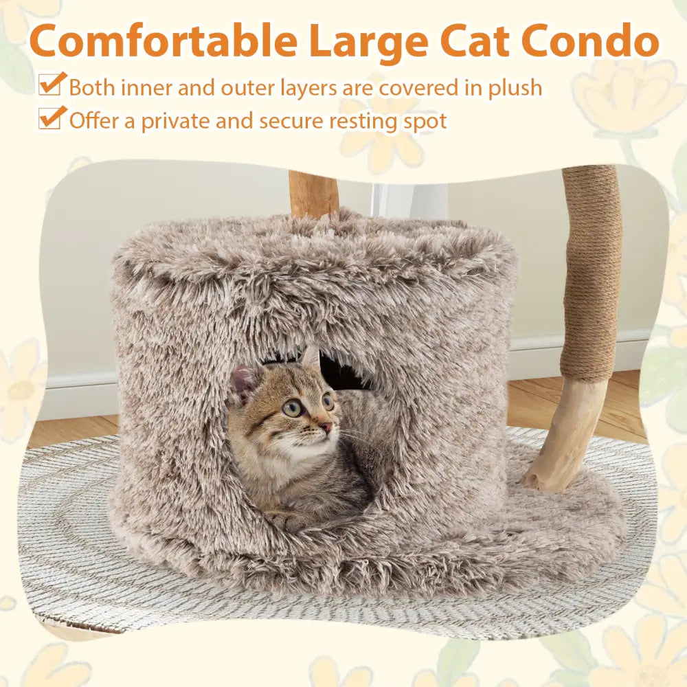 Wood Cat Tree Solid Pear Cat Tree with Perch and Sisal Scratching Posts-Brown - Brown - Cat Trees Condos & Scratchers