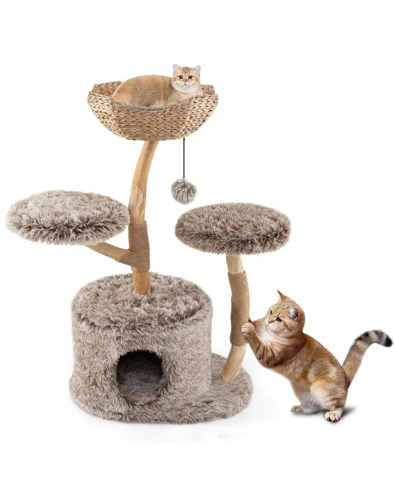 Wood Cat Tree Solid Pear Cat Tree with Perch and Sisal Scratching Posts-Brown - Brown - Cat Trees Condos & Scratchers