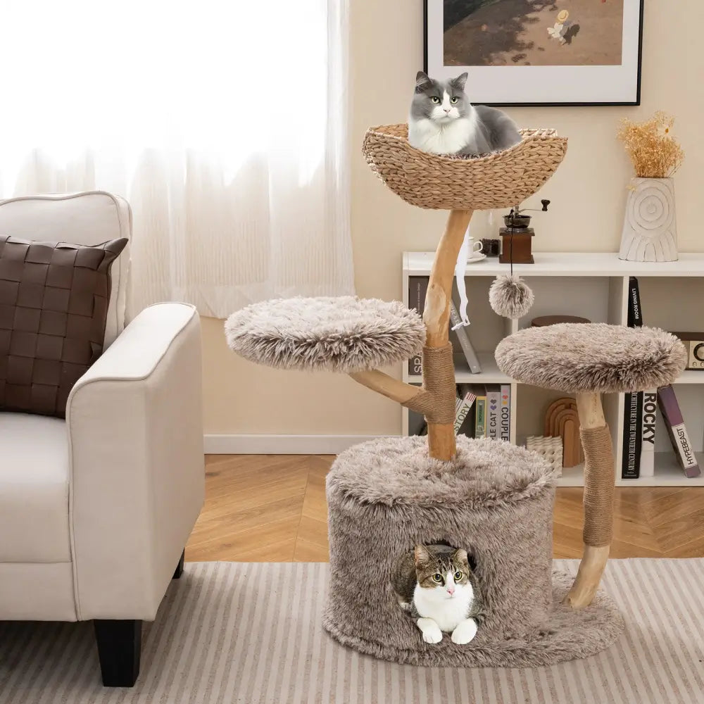 Wood Cat Tree Solid Pear Cat Tree with Perch and Sisal Scratching Posts-Brown - Brown - Cat Trees Condos & Scratchers