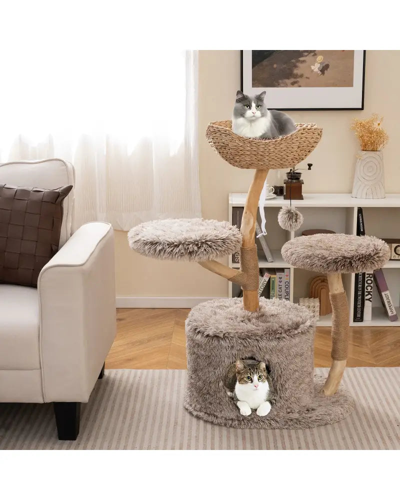 Wood Cat Tree Solid Pear Cat Tree with Perch and Sisal Scratching Posts-Brown - Brown - Cat Trees Condos & Scratchers