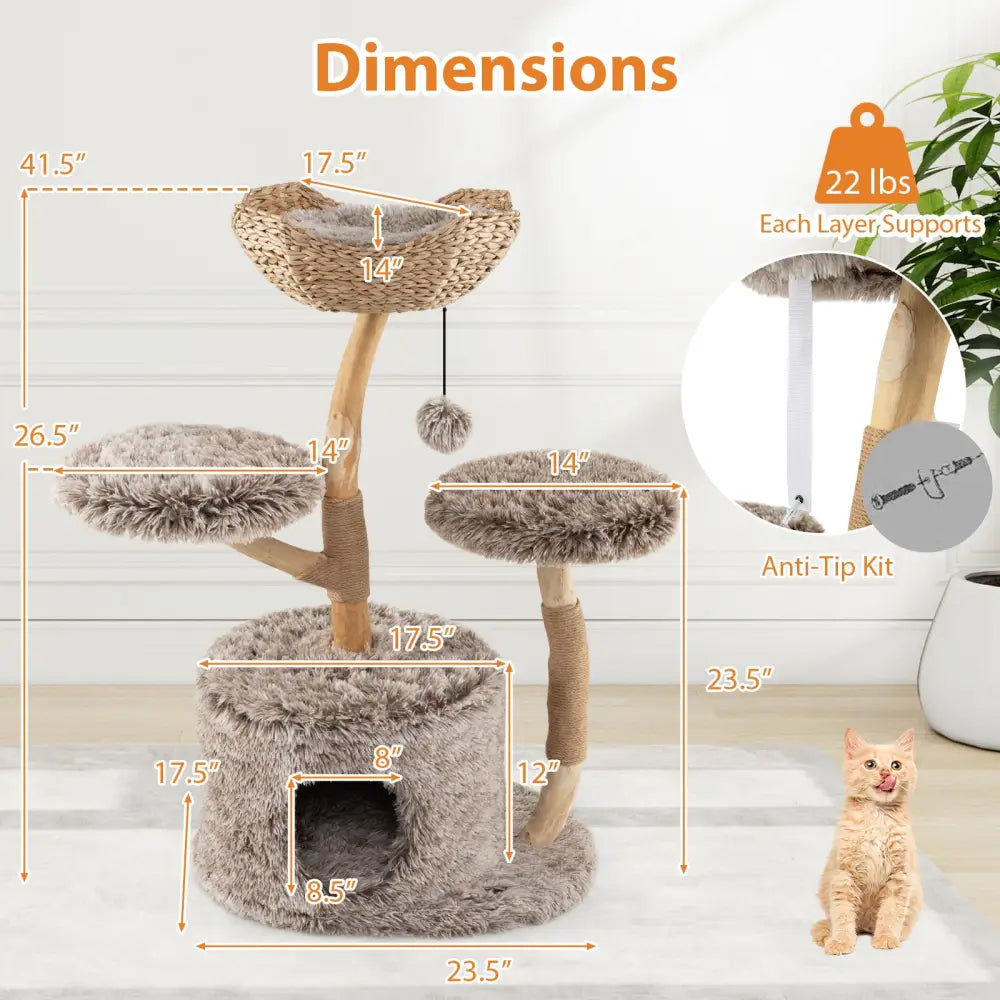 Wood Cat Tree Solid Pear Cat Tree with Perch and Sisal Scratching Posts-Brown - Brown - Cat Trees Condos & Scratchers