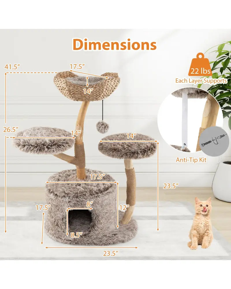 Wood Cat Tree Solid Pear Cat Tree with Perch and Sisal Scratching Posts-Brown - Brown - Cat Trees Condos & Scratchers
