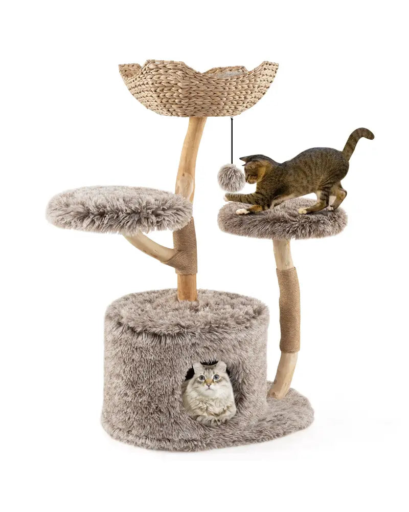 Wood Cat Tree Solid Pear Cat Tree with Perch and Sisal Scratching Posts-Brown - Brown - Cat Trees Condos & Scratchers