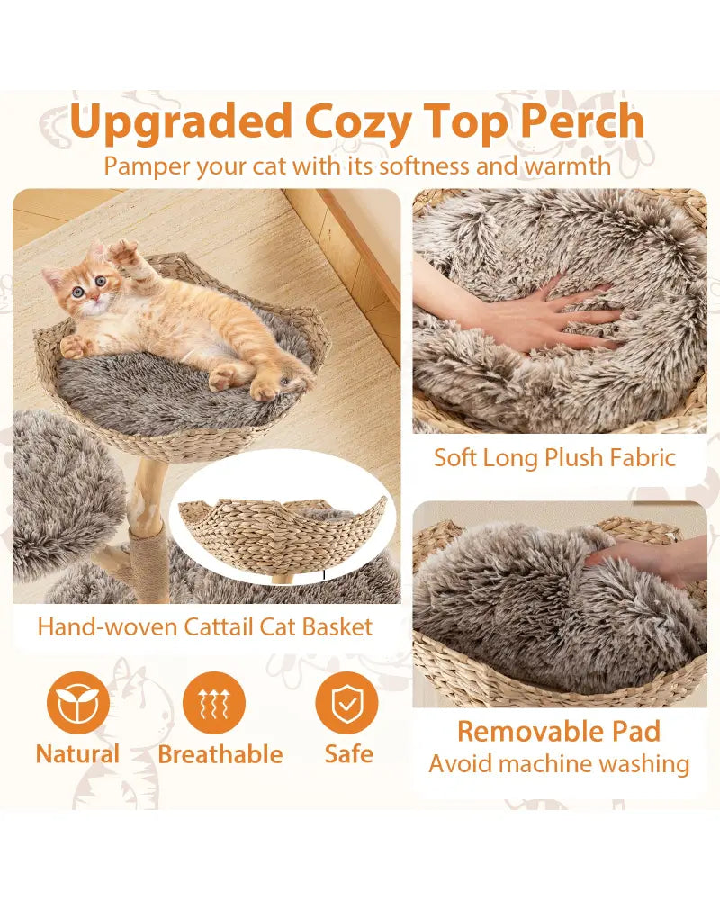 Wood Cat Tree Solid Pear Cat Tree with Perch and Sisal Scratching Posts-Brown - Brown - Cat Trees Condos & Scratchers