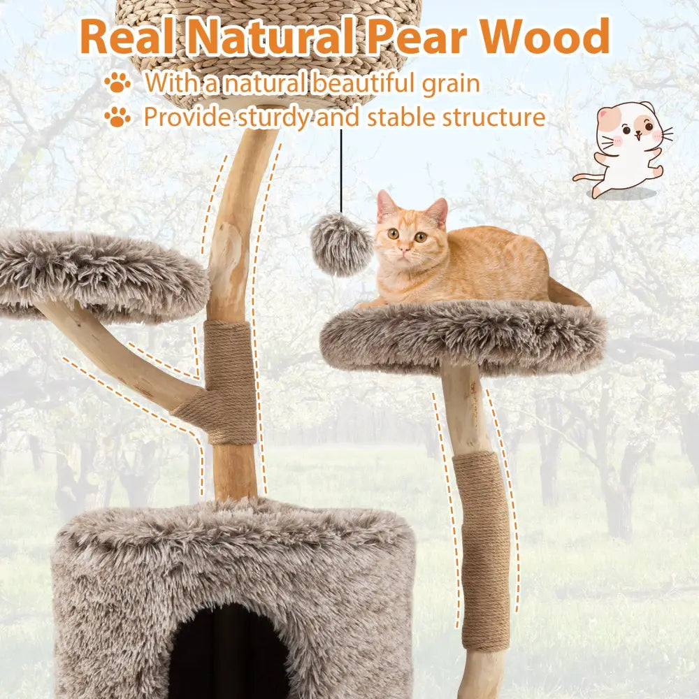 Wood Cat Tree Solid Pear Cat Tree with Perch and Sisal Scratching Posts-Brown - Brown - Cat Trees Condos & Scratchers