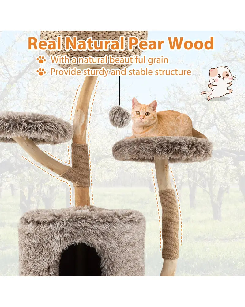 Wood Cat Tree Solid Pear Cat Tree with Perch and Sisal Scratching Posts-Brown - Brown - Cat Trees Condos & Scratchers