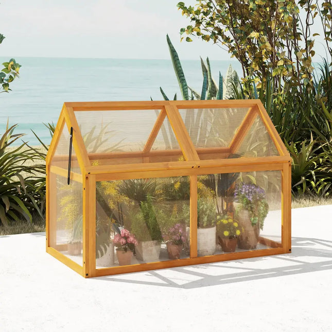 Wood Cold Frame Greenhouse Raised Flower Planter Protection with Adjustable Roof-Orange - Orange - Greenhouses