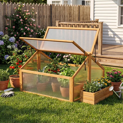 Wood Cold Frame Greenhouse Raised Flower Planter Protection with Transparent Openable Roof-Orange - Orange - Greenhouses
