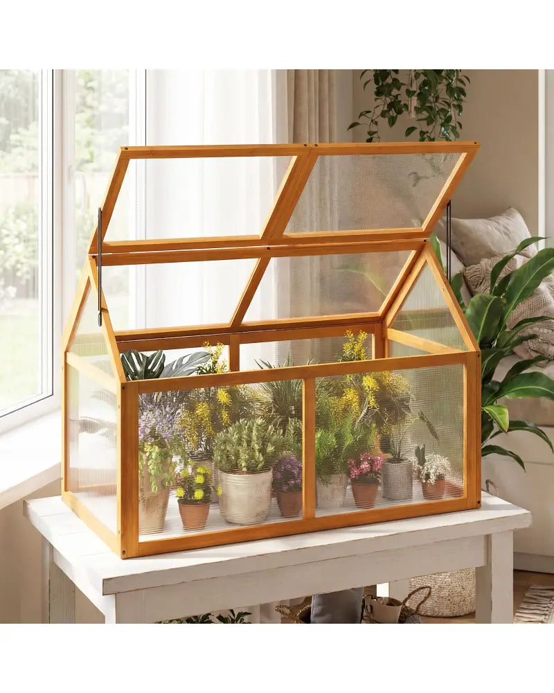 Wood Cold Frame Greenhouse Raised Flower Planter Protection with Adjustable Roof-Orange - Orange - Greenhouses
