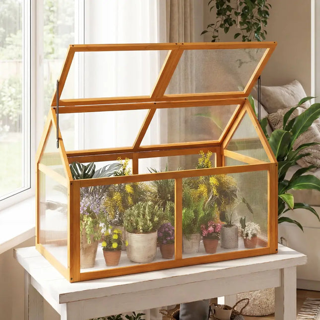 Wood Cold Frame Greenhouse Raised Flower Planter Protection with Adjustable Roof-Orange - Orange - Greenhouses