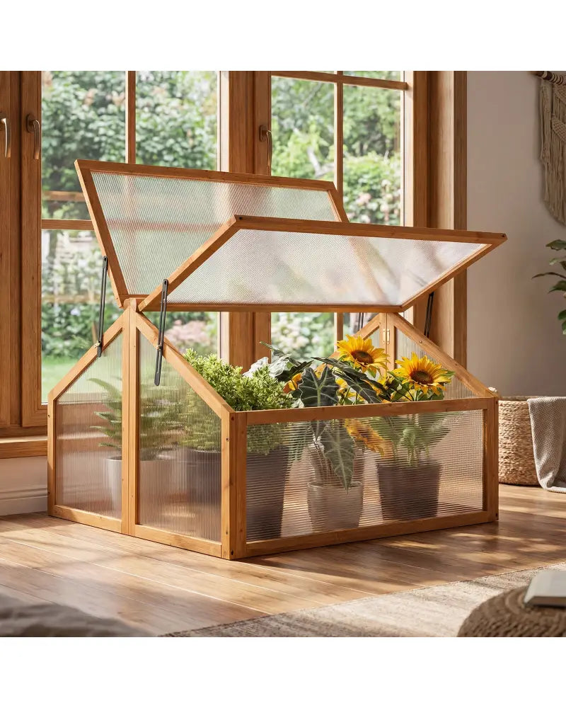 Wood Cold Frame Greenhouse Raised Flower Planter Protection with Transparent Openable Roof-Orange - Orange - Greenhouses
