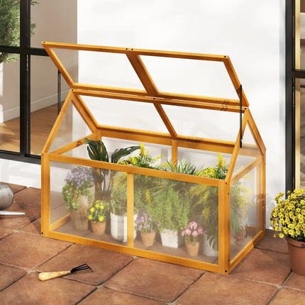 Wood Cold Frame Greenhouse Raised Flower Planter Protection with Adjustable Roof-Orange - Orange - Greenhouses