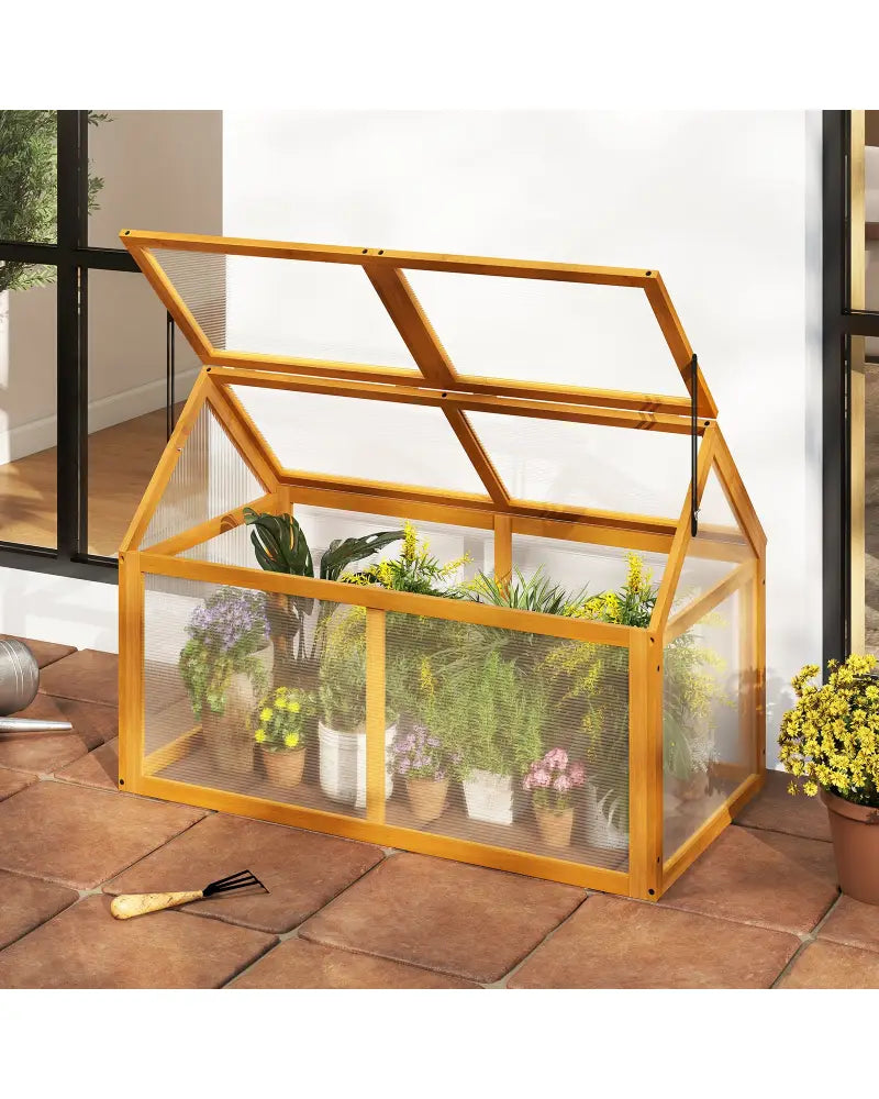 Wood Cold Frame Greenhouse Raised Flower Planter Protection with Adjustable Roof-Orange - Orange - Greenhouses