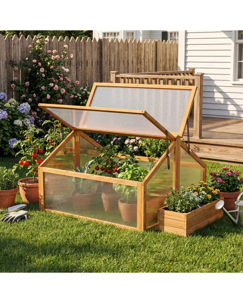 Wood Cold Frame Greenhouse Raised Flower Planter Protection with Transparent Openable Roof-Orange - Orange - Greenhouses
