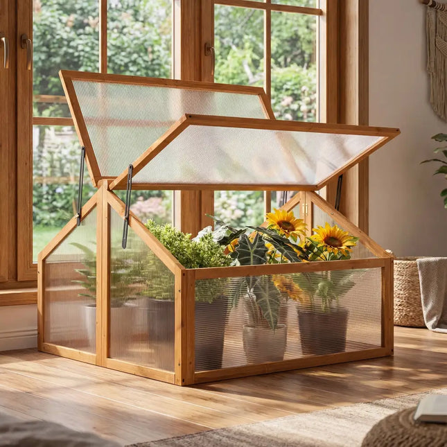 Wood Cold Frame Greenhouse Raised Flower Planter Protection with Transparent Openable Roof-Orange - Orange - Greenhouses