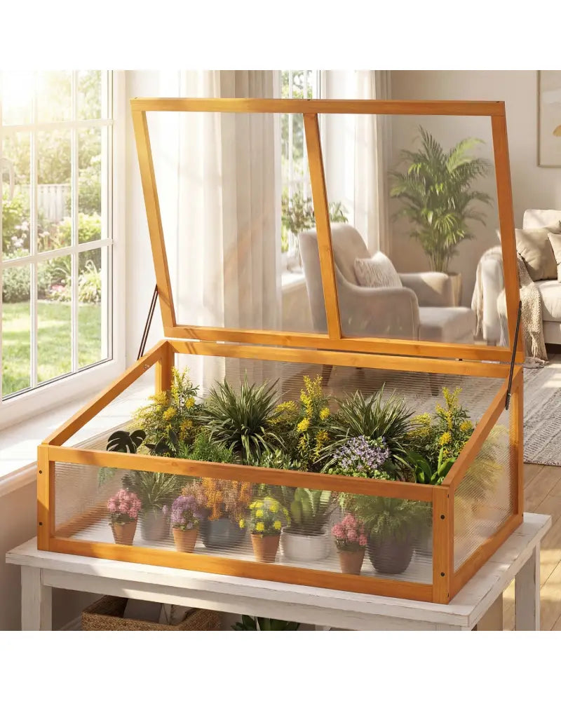 Wood Cold Frame Greenhouse Raised Planter Bed Protection with Transparent Flip-top Roof-Orange - Orange - Greenhouses