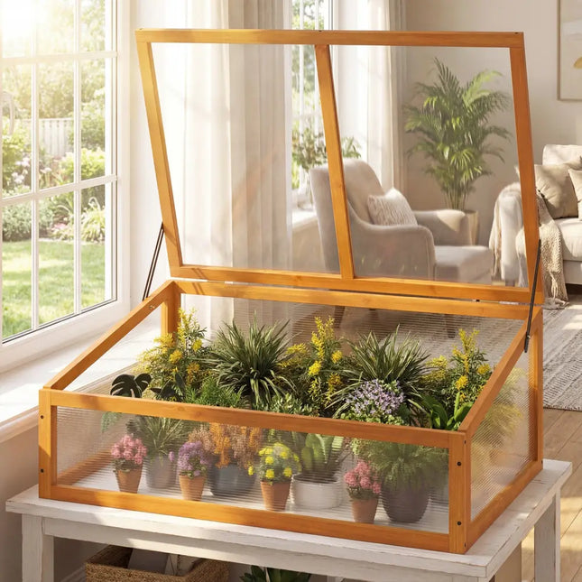 Wood Cold Frame Greenhouse Raised Planter Bed Protection with Transparent Flip-top Roof-Orange - Orange - Greenhouses