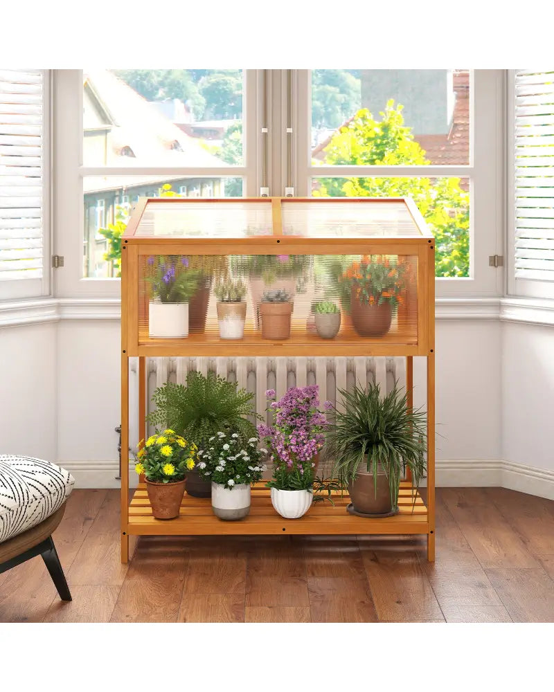 Wood Cold Frame Greenhouse with Transparent Openable Roof and Slatted Storage Shelf-Orange - Orange - Greenhouses