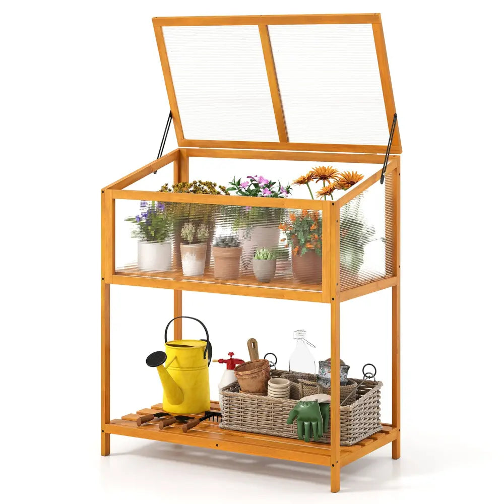Wood Cold Frame Greenhouse with Transparent Openable Roof and Slatted Storage Shelf-Orange - Orange - Greenhouses