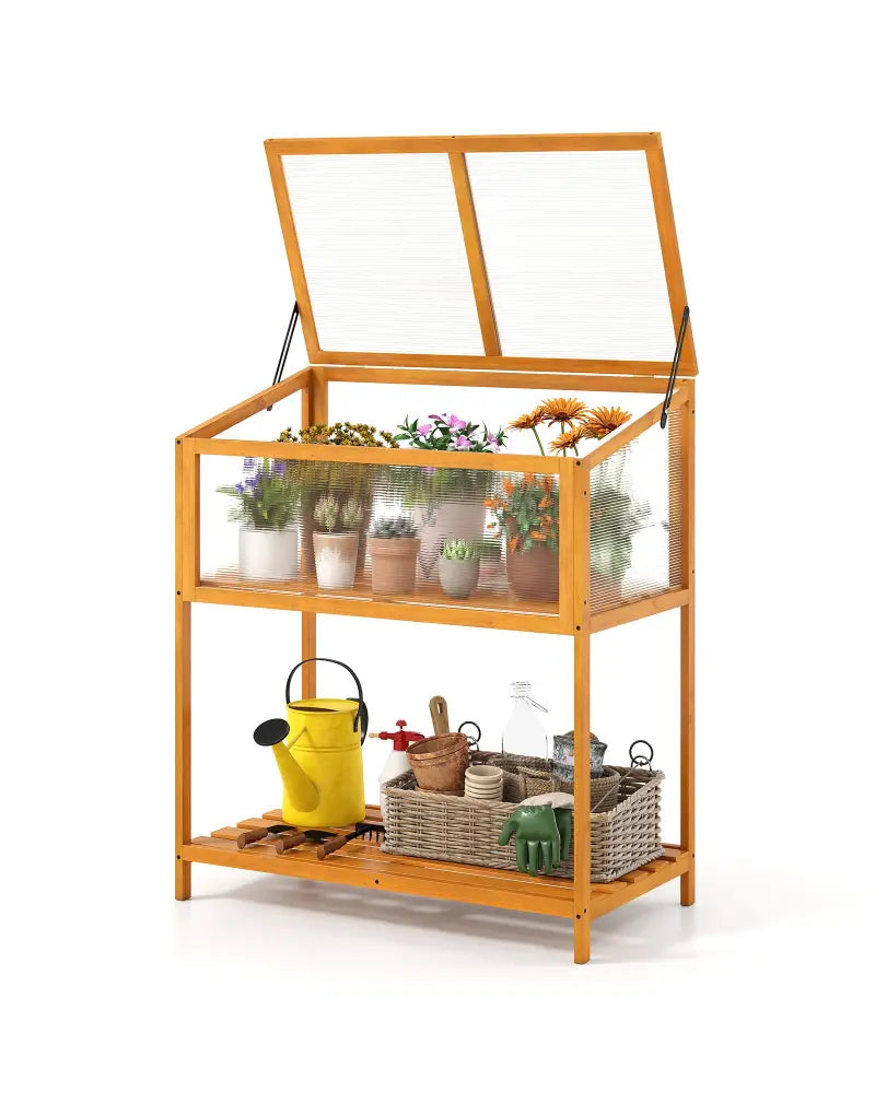 Wood Cold Frame Greenhouse with Transparent Openable Roof and Slatted Storage Shelf-Orange - Orange - Greenhouses