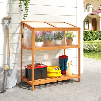 Wood Cold Frame Greenhouse with Transparent Openable Roof and Slatted Storage Shelf-Orange - Orange - Greenhouses