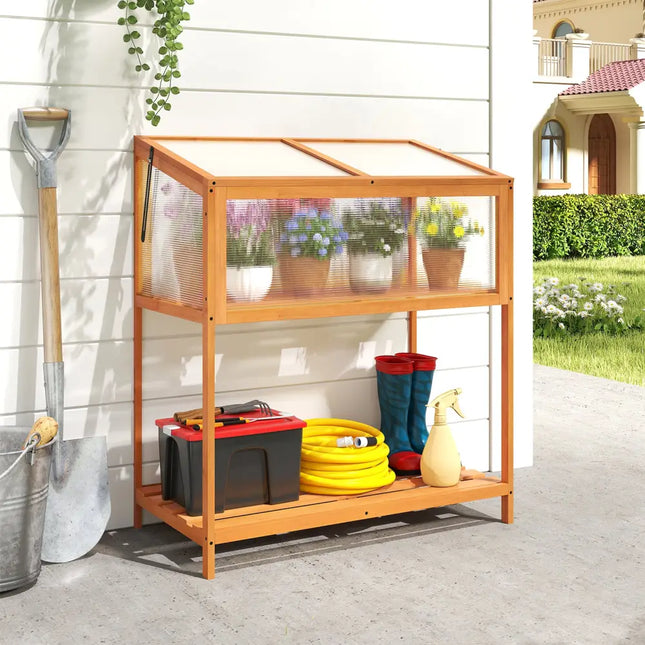 Wood Cold Frame Greenhouse with Transparent Openable Roof and Slatted Storage Shelf-Orange - Orange - Greenhouses
