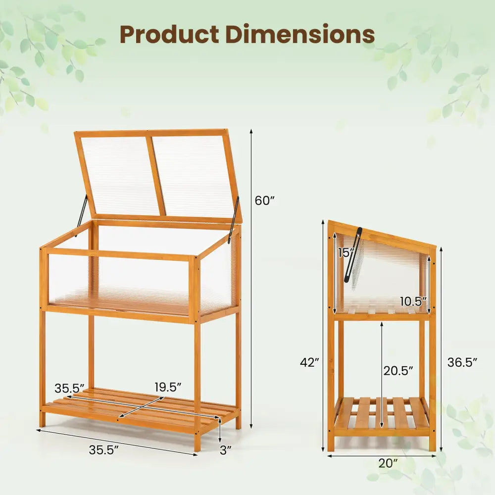 Wood Cold Frame Greenhouse with Transparent Openable Roof and Slatted Storage Shelf-Orange - Orange - Greenhouses