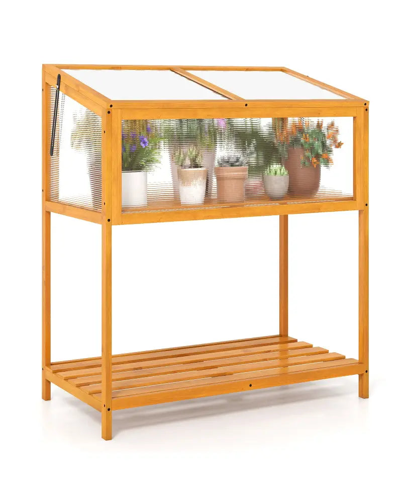 Wood Cold Frame Greenhouse with Transparent Openable Roof and Slatted Storage Shelf-Orange - Orange - Greenhouses