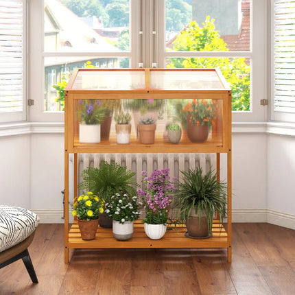 Wood Cold Frame Greenhouse with Transparent Openable Roof and Slatted Storage Shelf-Orange - Orange - Greenhouses