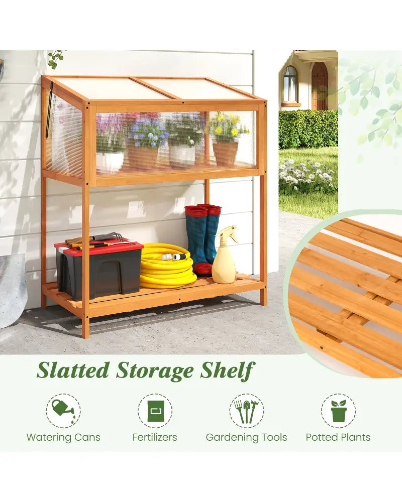 Wood Cold Frame Greenhouse with Transparent Openable Roof and Slatted Storage Shelf-Orange - Orange - Greenhouses